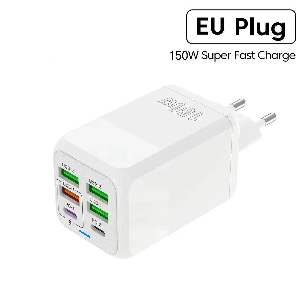 eu plug white 150W USB C Charger 6 Ports Fast Charging PD QC USB Charger Type C Cell Phone Charger Adapter For iphone Xiaomi Samsung Huawei Phone charger why is my phone not charging portable phone charger why isn't my phone charging wireless phone charger portable battery charger for phone why wont my phone charge free phone number lookup with name no charge