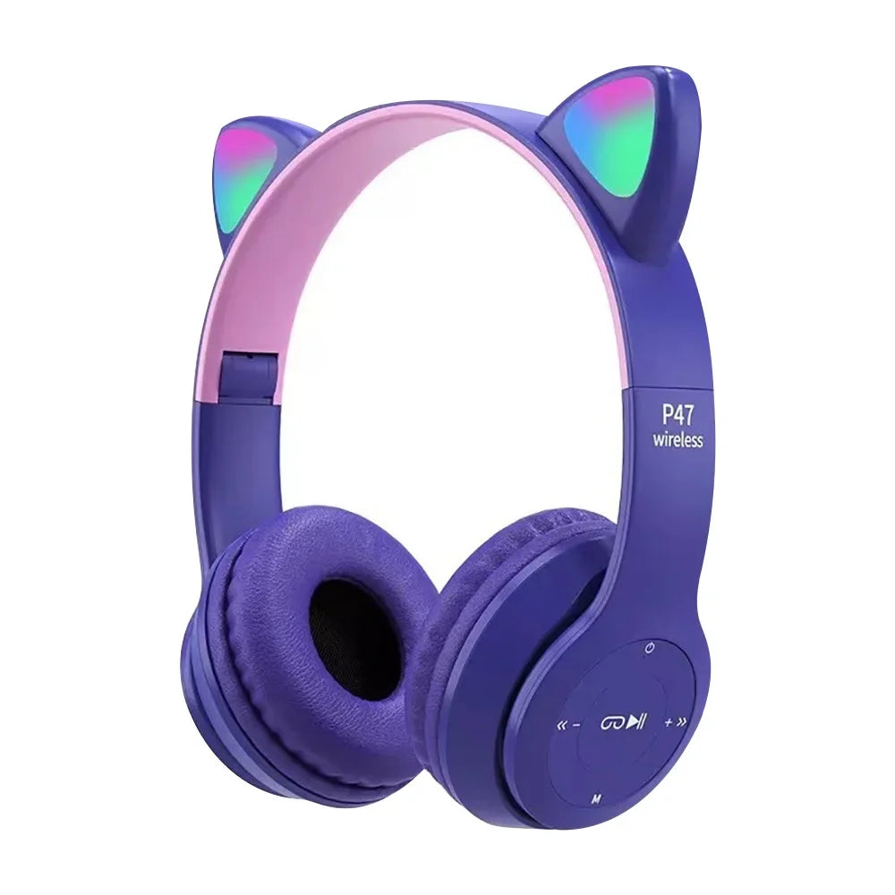 Cute Cat Ear Bluetooth Compatible Headset with LED Wireless Headset Children Girls Stereo Folding Sports Headset with Microphone