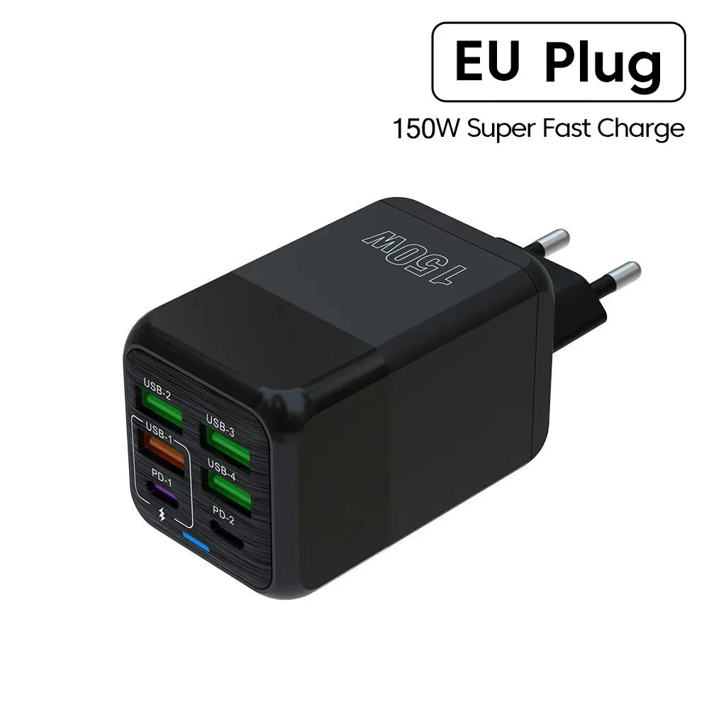 eu plug black 150W USB C Charger 6 Ports Fast Charging PD QC USB Charger Type C Cell Phone Charger Adapter For iphone Xiaomi Samsung Huawei Phone charger why is my phone not charging portable phone charger why isn't my phone charging wireless phone charger portable battery charger for phone why wont my phone charge free phone number lookup with name no charge