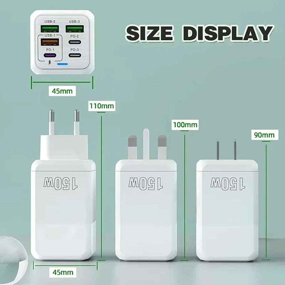 size display 150W USB C Charger 6 Ports Fast Charging PD QC USB Charger Type C Cell Phone Charger Adapter For iphone Xiaomi Samsung Huawei Phone charger why is my phone not charging portable phone charger why isn't my phone charging wireless phone charger portable battery charger for phone why wont my phone charge free phone number lookup with name no charge